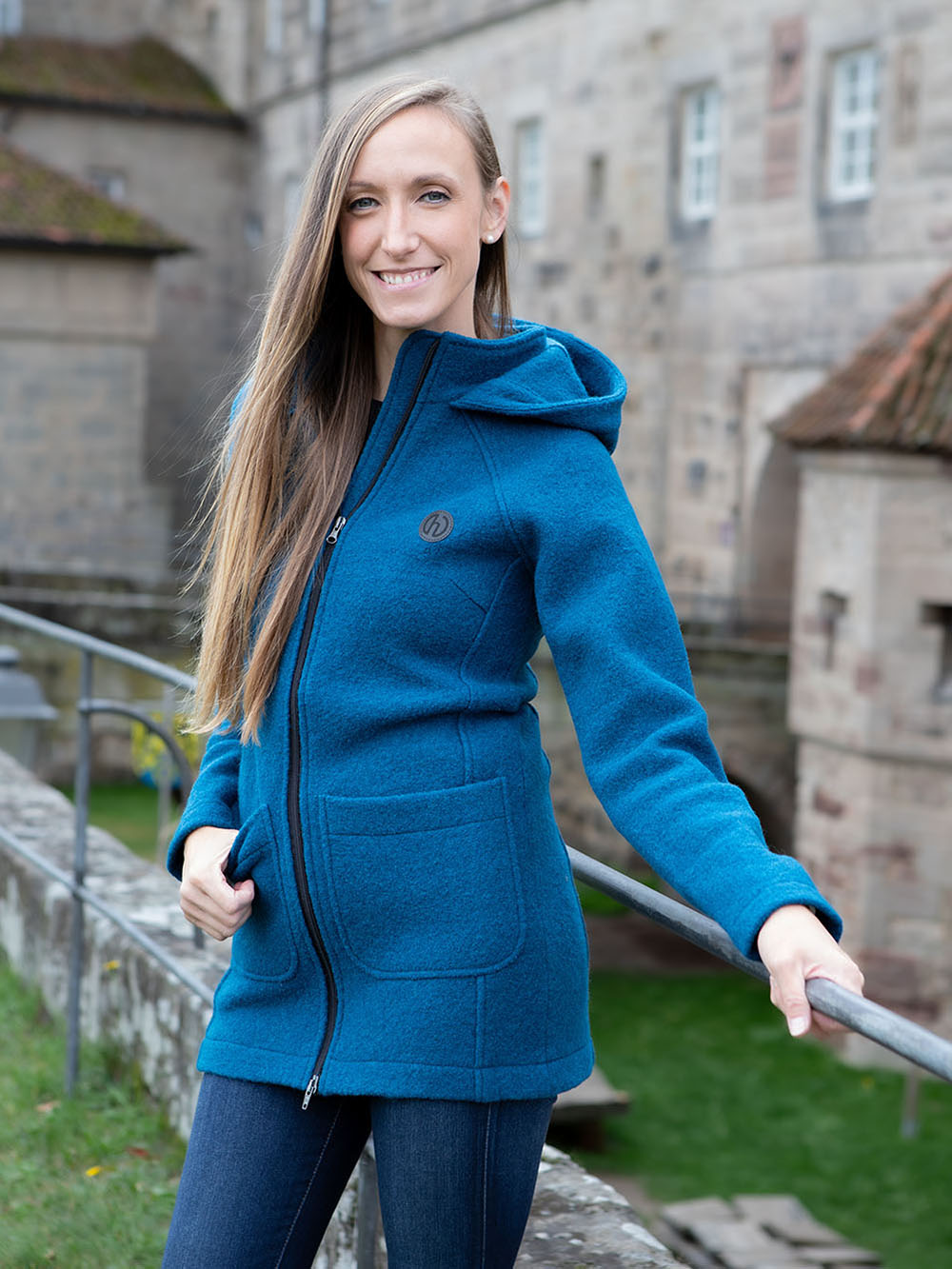Damen Wollmantel Lara - Petrol outdoor 2